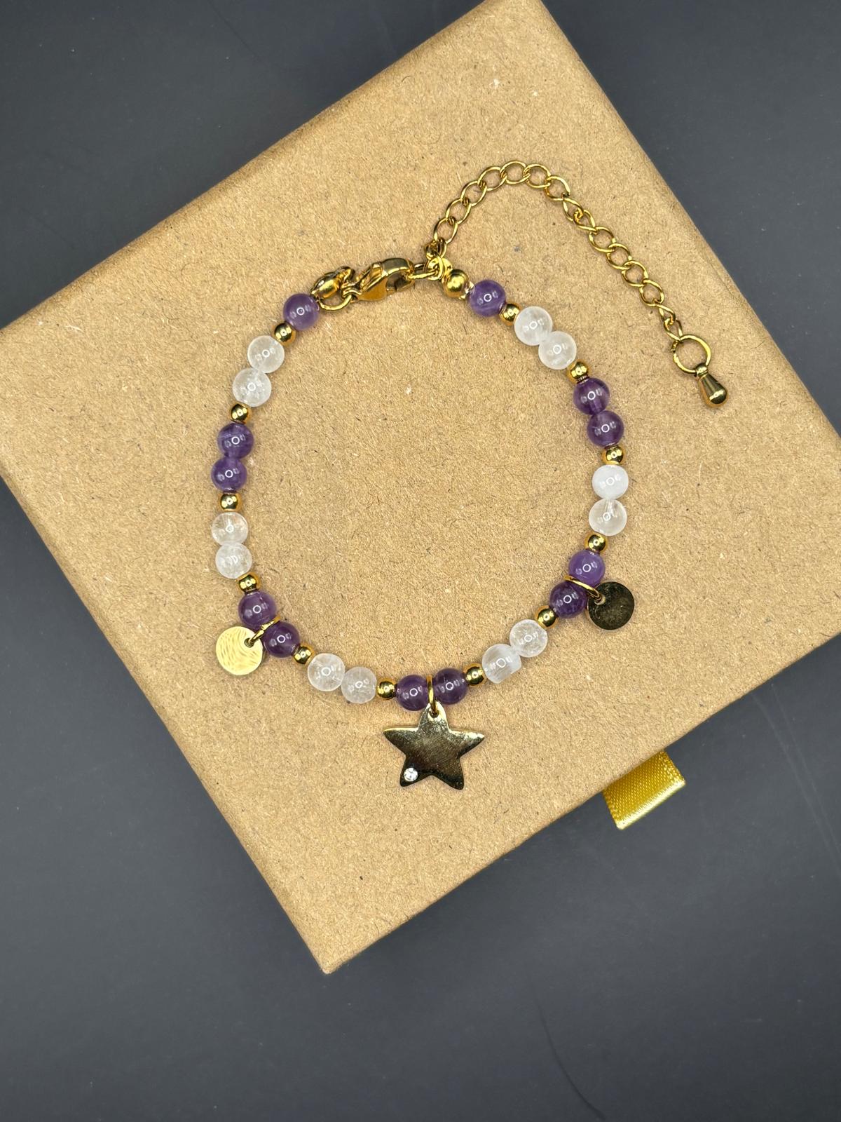 Bracelet Mira doré- Améthyste et cristal de roche